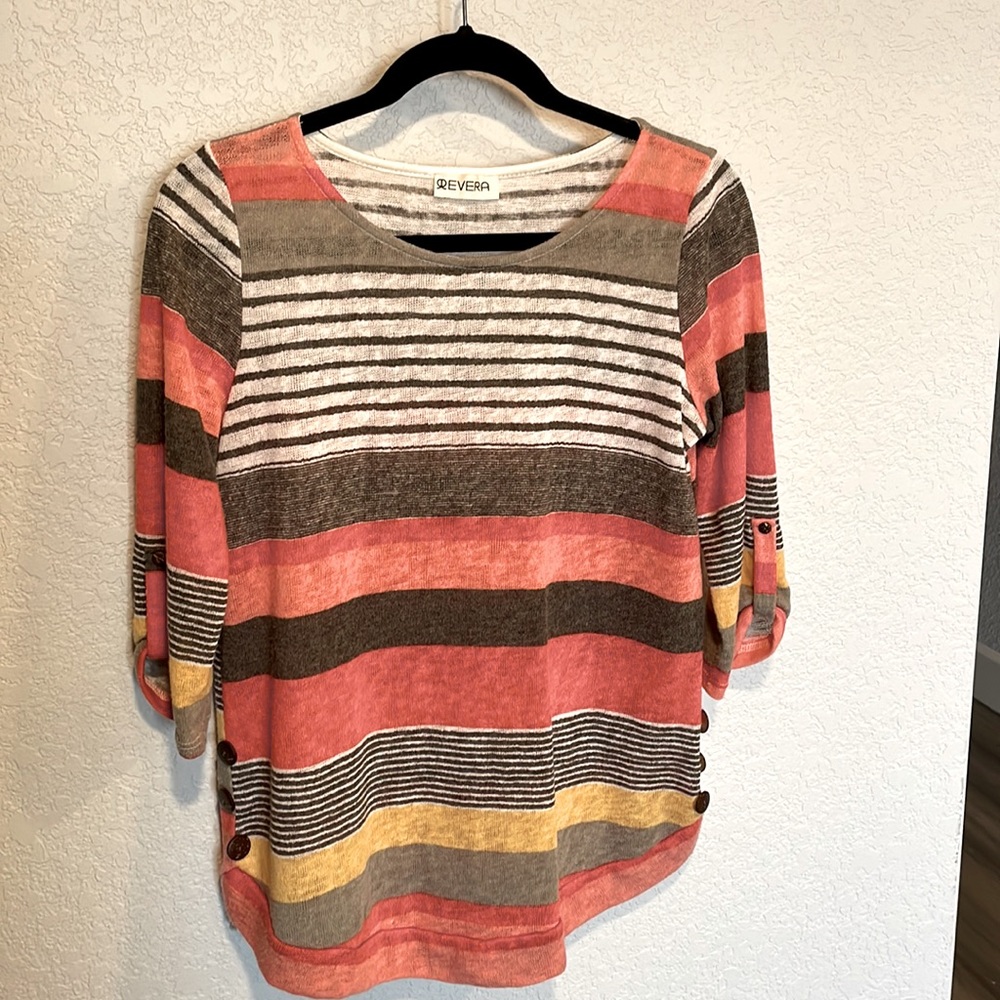Evara 3/4 sleeve light sheer spring sweater striped coral w/ button detail ☀️